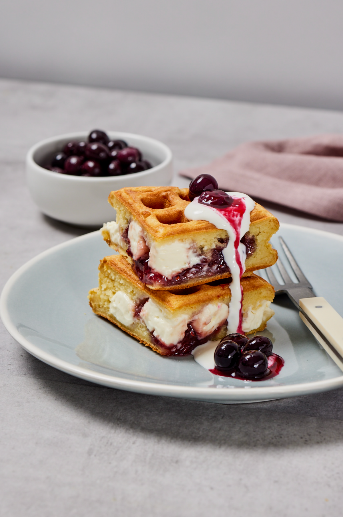 Jammy Cheesecake Waffles with Blueberry Compote