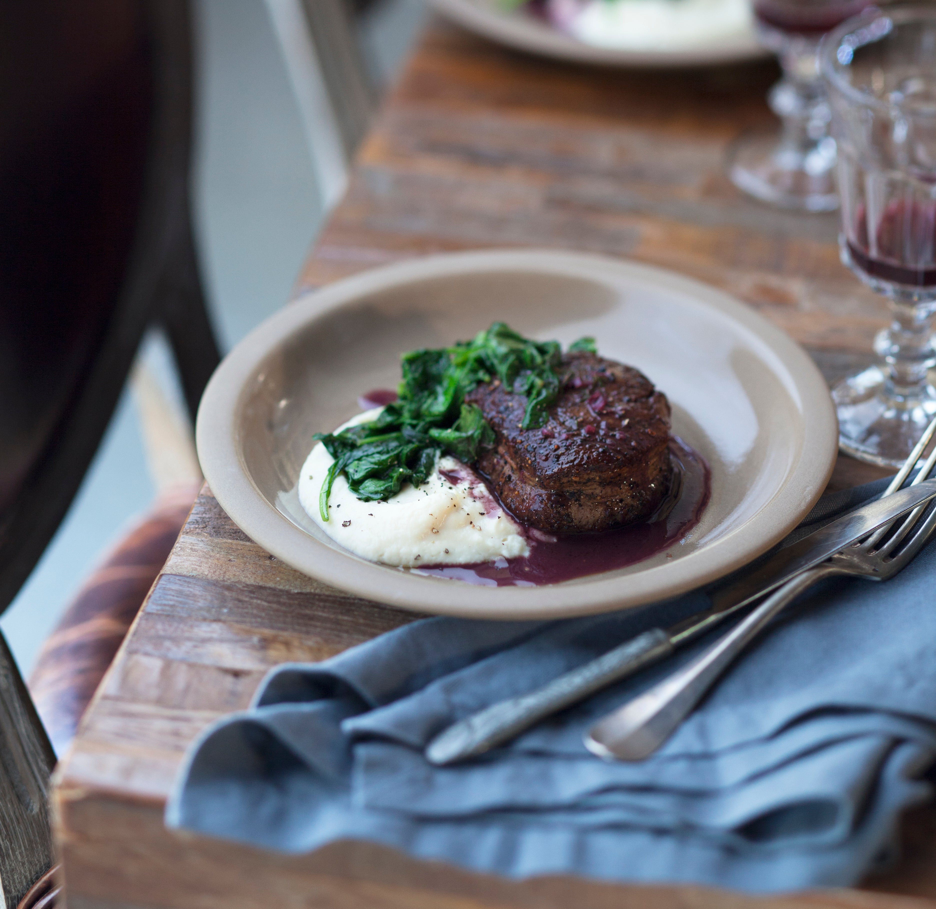 Sous Vide Filet Mignon with Red Wine, Spinach, and Celery Root Puree
