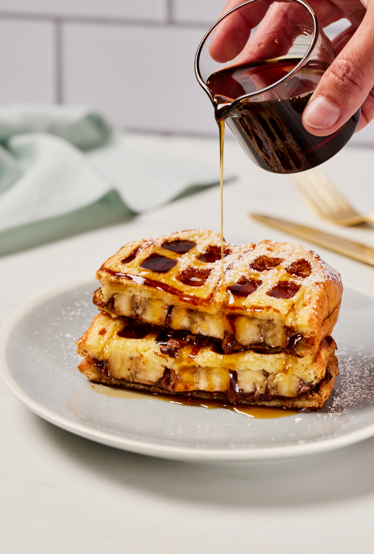 Waffled French Toast with Bananas and Chocolate Hazelnut Spread