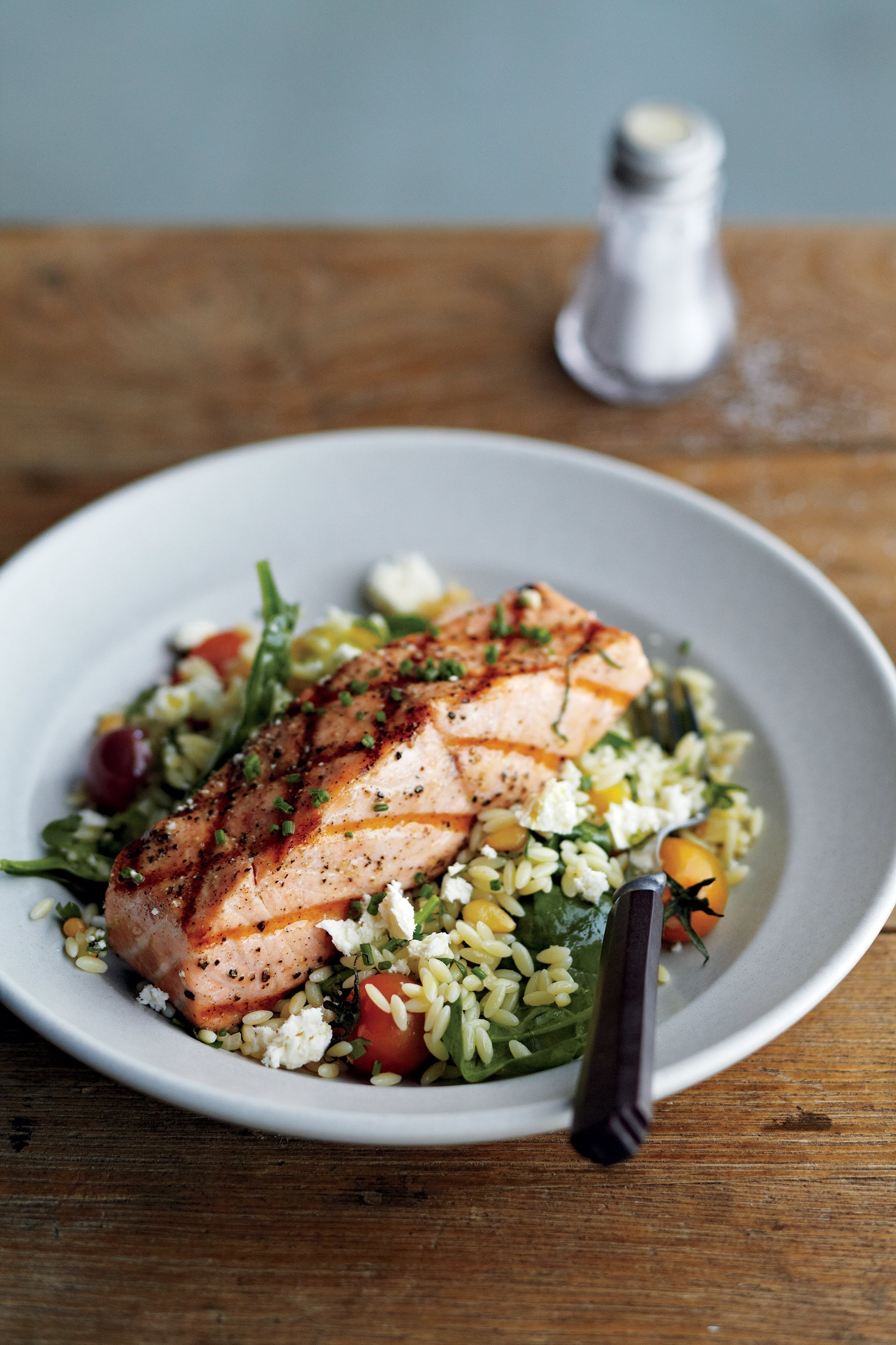Grilled Salmon with Orzo, Feta, and Red Wine Vinaigrette