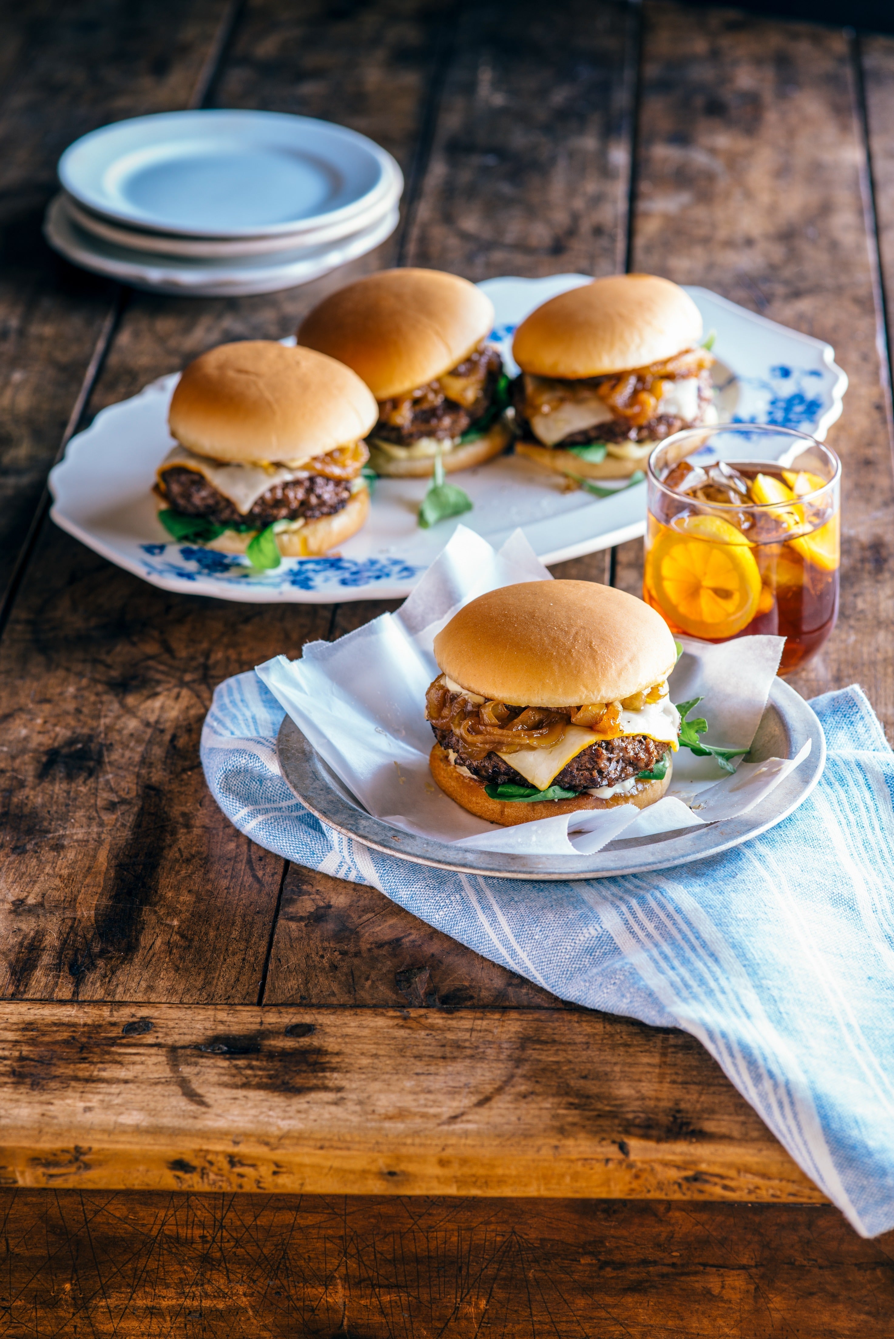Burgers with Bourbon Onions and Rocket